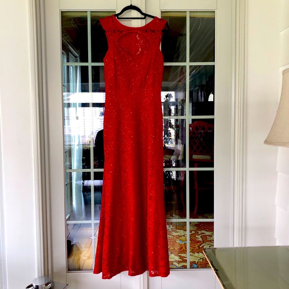 Red long dress.